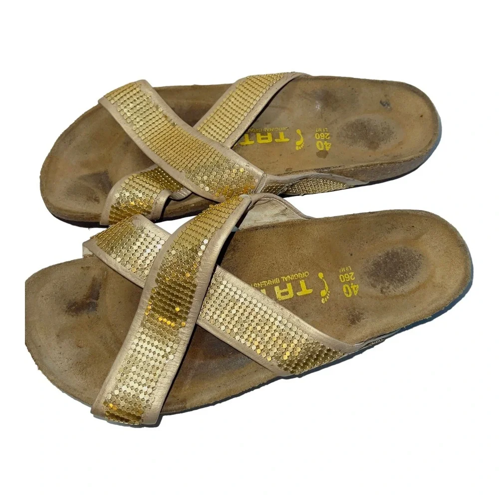 TATAMI Birkenstock Women's Gold Beaded Criss-Cross Strap Sandals Size 9 EU 40